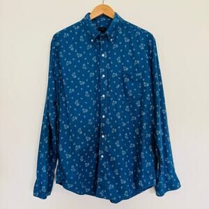 J. Crew Mens Linen Cotton Blue Leafy Button Up Long Sleeve Shirt Size Large NEW